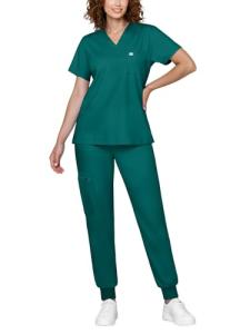 Eadflie Scrubs for Women Medical Scrubs Set - V-Neck Top & Jogger Pants with 5 Pockets, Soft Stretch Woven fabric,Side splits - (Forest Green/S)