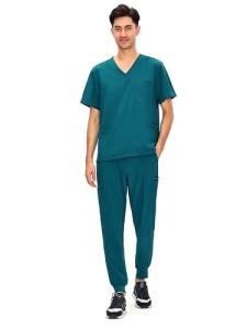 COZYFIT Scrubs for Men - 4 Pockets V-Neck Scrub Top and 7 Pockets Jogger Pants Mens Scrubs Set, Caribbean Blue, M