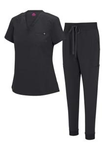 Natural Uniforms Womens Cool Stretch Modern Tuck-In Top Yoga Jogger Scrub Set (Black, Medium)
