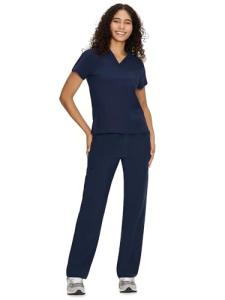 COZYFIT Scrubs for Women Set Medical Uniform - V-Neck Top & Straight Leg Pants with 9 Pockets, Unisex Workwear COZY SCRUBS, Navy Blue, M