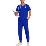CCHZYSKO Scrubs for Men Stretch V-Neck Scrub Top Jogger Pant with 8 Pockets Work Set Quick Dry Anti-Wrinkle Mens Scrubs Set 01-Royal Blue