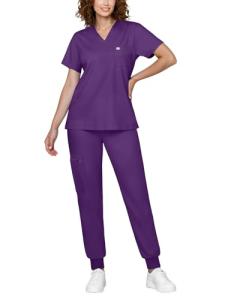 Eadflie Scrubs for Women Medical Scrubs Set - V-Neck Top & Jogger Pants with 5 Pockets, Soft Stretch Woven fabric,Side splits - (Purple/M)