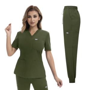 YEZEX Scrubs for Women Set, Medical Scrubs Top & Pants, Women's Jogger Scrub Set w/ 10 Pockets(Army Green)