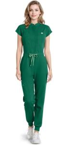 Eadflie Scrub Jumpsuit for Women - Stand-Up Collar One Piece Scrubs, 7 Pockets Comfortable Scrubs Set for Nurses & Doctors- [Hunter Green/S]