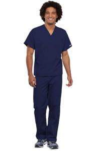 Cherokee Unisex Scrub Set for Men & Women, V-Neck Top & Drawstring Cargo Pant, Easy Care & Fade Resistant – CK00044C, XL, Navy