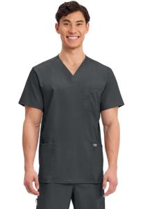 Cherokee Scrub top for Men V-Neck with 3 Pockets, Knit Details, Soft, Durable, Breathable, 2-Way Stretch Fabric - WW670, M, Black