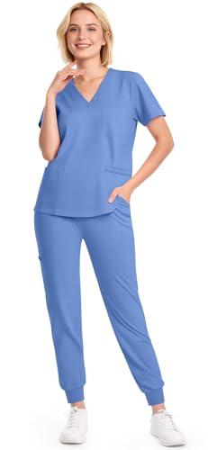 Eadflie Scrubs for Women Set - 8-Pocket V-Neck Scrub Uniform | Stretch Jogger Pants (Sky Blue/L) | Medical Workwear for Nurses, Dentists, Pet Care