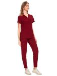 COZYFIT Medical Scrubs for Women Set - Curved V-Neck Scrub Top & Jogger Pants with 8 Pockets - Burgundy, L