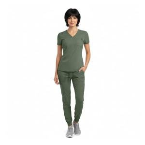 M&M SCRUBS Women’s Jogger Scrub Set V-Neck Stretch Top & Tapered Jogger Pants with 8 Pockets (Olive, Medium)