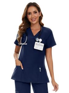 COZYFIT Scrub Tops for Woman - Soft Stretch, V-Neck Top Scrubs with 3 Pockets, Easy Care for Women Navy Blue