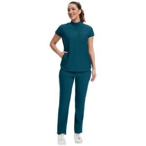 Kitmaz Women's Scrub Set - Convertible Mandarin/V-Neck Top & Straight Pants, 13 Pockets, Wrinkle & Splash Resistant Fabric(Caribbean,L)