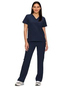 floralhue Scrubs for Women Set, Medical Women Scrubs, V-Neck Top and Straight Leg Pants with 11 Pockets (Relaxed Fit), Navy Blue, S