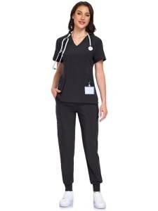 IONARD Black Scrubs for Women Sets- V-Neck Top & Pants Scrub Set with 10 Pockets, 4 Way Stretch Jogger Scrubs for Women(Black,M)