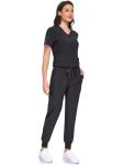 IONARD Black Scrubs for Women Sets- V-Neck Top & Pants Scrub Set with 10 Pockets, 4 Way Stretch Jogger Scrubs for Women(Black,M)