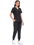 IONARD Black Scrubs for Women Sets- V-Neck Top & Pants Scrub Set with 10 Pockets, 4 Way Stretch Jogger Scrubs for Women(Black,M)