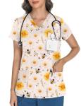 LOMON Scrubs for Women V Neck Print Scrub Tops Soft Knit Nurse Uniform Shirts with 3 Pockets Bee XL