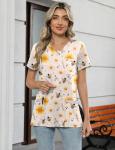 LOMON Scrubs for Women V Neck Print Scrub Tops Soft Knit Nurse Uniform Shirts with 3 Pockets Bee XL
