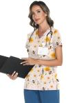 LOMON Scrubs for Women V Neck Print Scrub Tops Soft Knit Nurse Uniform Shirts with 3 Pockets Bee XL
