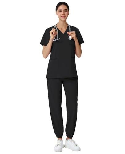 Leaddol Scrubs for Women Set, V-Neck Scrubs Top & Jogger Pants Medical Scrubs Set with 8 Pockets, Yoga Waistband Black S