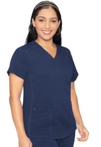 Med Couture V-Neck Scrub Top for Women with 4 Pockets, Rib-Knit Side Panel, and Shirttail Hem MC7459, Navy, Medium