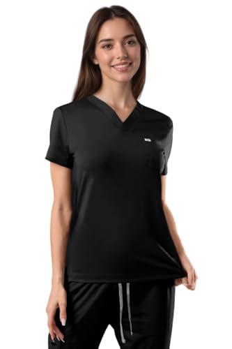 SUNME Women's Medical Scrub Tops - Ultra Soft, Easy Care, V-Neck Top Scrubs with 2 Pockets, 4-Way Stretch & Wrinkle Resistant Black