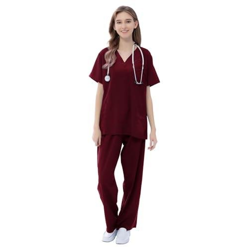 VICOGARD Scrubs Set for Women Medical Uniform–Stretch V-Neck Top & Straight Leg Pants with 9 Pockets for Nurse Workwear (Burgundy, L)