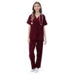 VICOGARD Scrubs Set for Women Medical Uniform–Stretch V-Neck Top & Straight Leg Pants with 9 Pockets for Nurse Workwear (Burgundy, L)