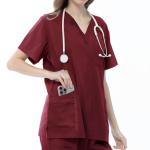 VICOGARD Scrubs Set for Women Medical Uniform–Stretch V-Neck Top & Straight Leg Pants with 9 Pockets for Nurse Workwear (Burgundy, L)