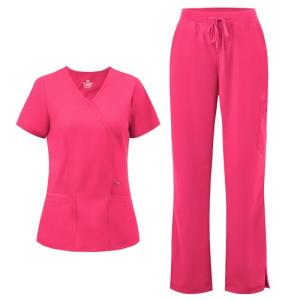 COZYFIT Scrubs for Women - Mock Wrap Top & Straight Leg Pants with 6 Pockets, Back Princess Seams, Soft Fabric Medical Scrubs Set Workwear for Women, Hot Pink, S