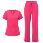 COZYFIT Scrubs for Women - Mock Wrap Top & Straight Leg Pants with 6 Pockets, Back Princess Seams, Soft Fabric Medical Scrubs Set Workwear for Women, Hot Pink, S