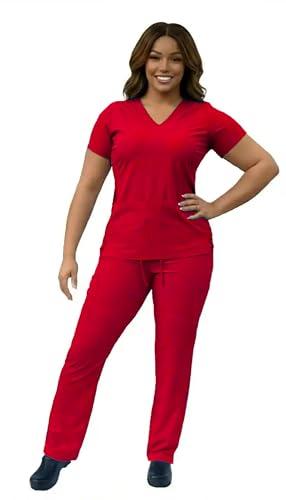 ANGIE UNIFORMS YOGAFLEX - TALL & PETITE. Soft & Stretchy Scrub Set for Women. 2-Pocket Top and 5 Pocket Pants. Modern Fit. PETA430 (RED, XL PET)