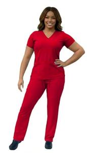 ANGIE UNIFORMS YOGAFLEX - TALL & PETITE. Soft & Stretchy Scrub Set for Women. 2-Pocket Top and 5 Pocket Pants. Modern Fit. PETA430 (RED, XL PET)