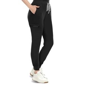 Eipnare Women's Medical Scrub Pants, Soft Stretch Yoga Jogger with Elastic Drawstring Waistband, Mid-Rise Slim Fit Cargo Pants, Pocket-Packed, Ribbed Ankle Cuffs, High Elastic Breathable, Black, S