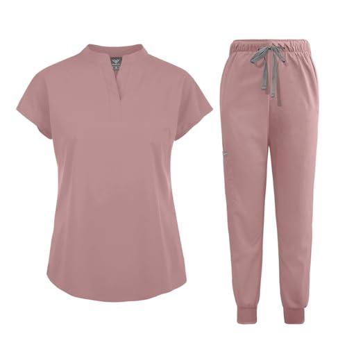 niaahinn Scrubs Set for Women Nurse Uniform Jogger Suit Stretch Top & Pants with Multi Pocket for Nurse Esthetician Workwear (Pink, Medium)