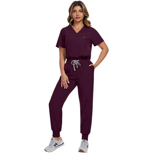 SOEDZUNG Women's Scrubs Set V-Neck Top & Stretch Pants, Breathable Nurse Uniform with Multiple Pockets for Nurses, Doctors, Medical Professionals(Red,S)