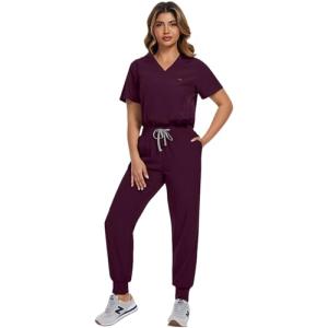 SOEDZUNG Women's Scrubs Set V-Neck Top & Stretch Pants, Breathable Nurse Uniform with Multiple Pockets for Nurses, Doctors, Medical Professionals(Red,S)
