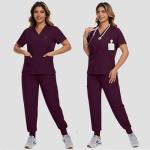 SOEDZUNG Women's Scrubs Set V-Neck Top & Stretch Pants, Breathable Nurse Uniform with Multiple Pockets for Nurses, Doctors, Medical Professionals(Red,S)