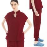 RAYGARD Scrubs for Women Set - Sleeveless Mandarin Collar Scrub Top & Jogger Pants with 7 Pockets for Nursing Medical Uniform (Burgundy, Large)