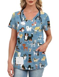 AKEWEI Scrubs for Women V Neck Blue Print Scrub Tops Stretchy Cute Animal Scrub Shirts with 2 Pockets Puppy Dog M