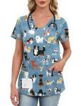 AKEWEI Scrubs for Women V Neck Blue Print Scrub Tops Stretchy Cute Animal Scrub Shirts with 2 Pockets Puppy Dog M