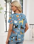 AKEWEI Scrubs for Women V Neck Blue Print Scrub Tops Stretchy Cute Animal Scrub Shirts with 2 Pockets Puppy Dog M
