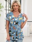 AKEWEI Scrubs for Women V Neck Blue Print Scrub Tops Stretchy Cute Animal Scrub Shirts with 2 Pockets Puppy Dog M