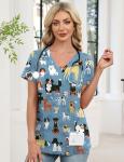 AKEWEI Scrubs for Women V Neck Blue Print Scrub Tops Stretchy Cute Animal Scrub Shirts with 2 Pockets Puppy Dog M