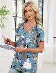 AKEWEI Scrubs for Women V Neck Blue Print Scrub Tops Stretchy Cute Animal Scrub Shirts with 2 Pockets Puppy Dog M