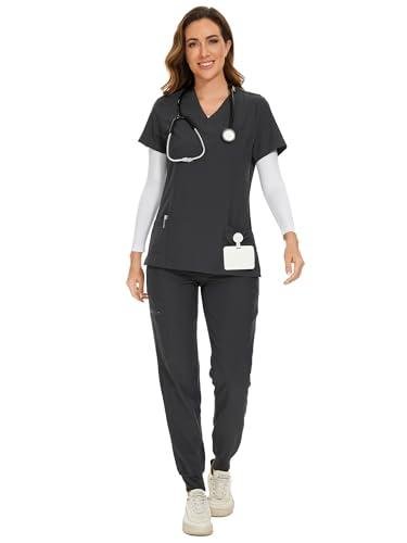 COZYFIT Scrubs for Women Set - Stretch V-Neck Scrub Top & Jogger Pant with 8 Pockets, Yoga Waistband, Anti Wrinkle, Slim Fit Women Scrubs - Dark Grey, M