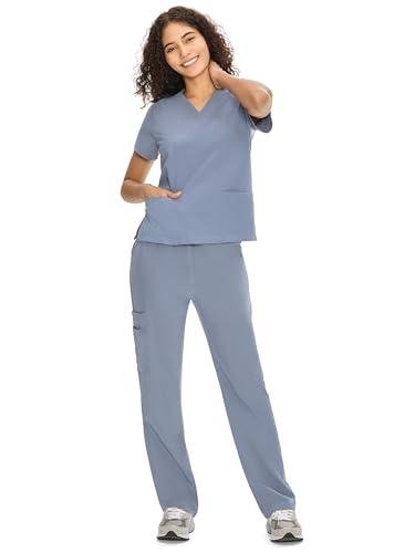 COZYFIT Scrubs for Women Set Medical Uniform - V-Neck Top & Straight Leg Pants with 9 Pockets, Unisex Workwear COZY SCRUBS, Rock Grey, M