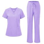 floralhue Scrubs for Women, V-Neck Scrubs Top & Cargo Pants with 12 Pockets, Yoga Waistband, 4 Way Stretch, Light Purple, XL