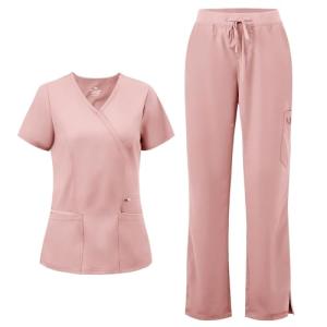 COZYFIT Scrubs for Women - Mock Wrap Top & Straight Leg Pants with 6 Pockets, Back Princess Seams, Soft Fabric Medical Scrubs Set Workwear for Women, Pink, L