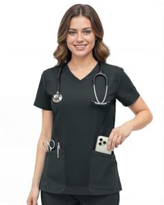 NY Threads Scrub Tops for Women Soft Stretch V-Neck Medical Scrub Top with Pockets, Small, Charcoal
