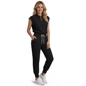 Reinwaete Scrubs for Women Set, Medical Women Scrubs Stand-Up Collar Scrub Top & Jogger Scrub Pants with 8 Pockets,Durable & Comfortable Nurse Uniforms Set[Black,M]